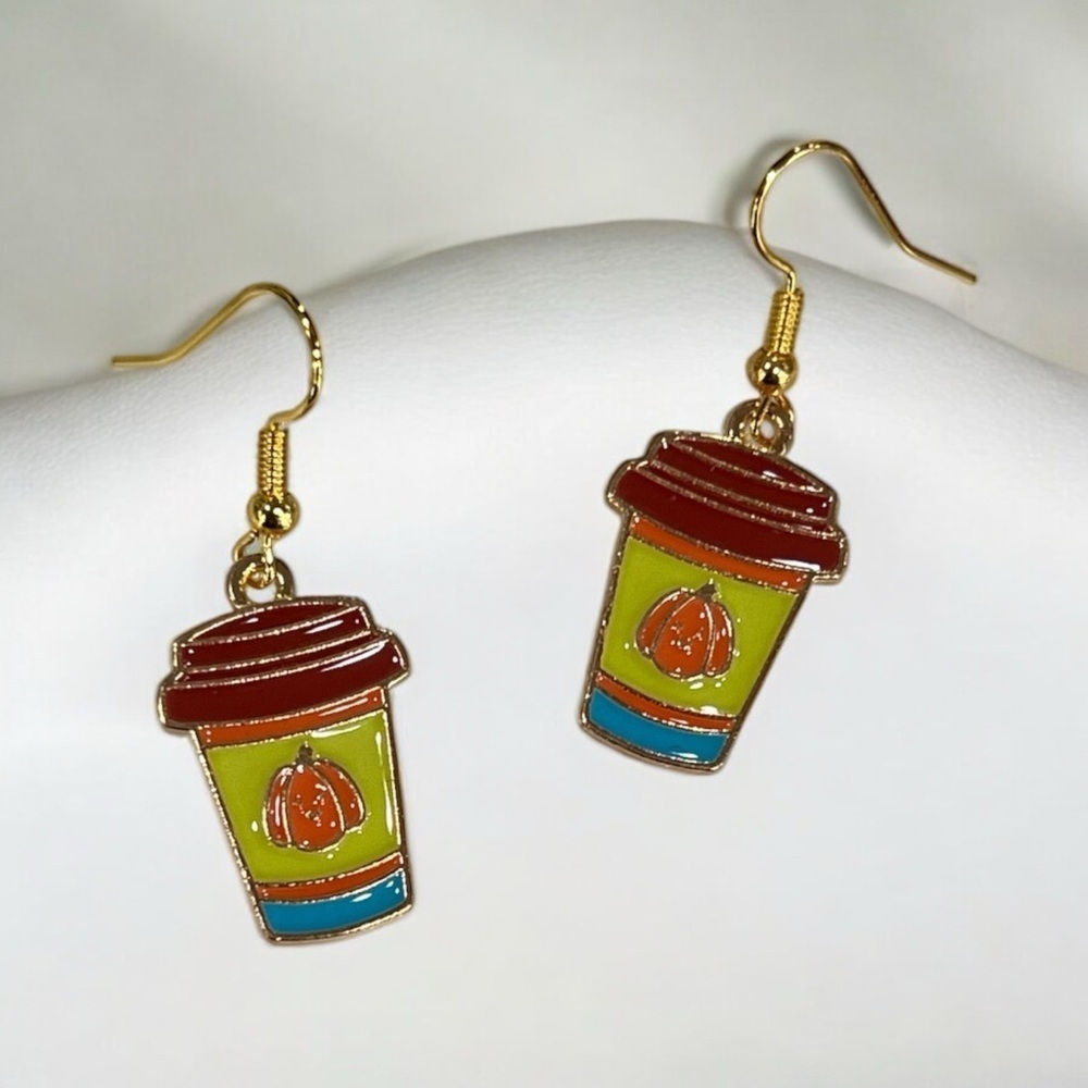 Pumpkin Latte Coffee Cup Fashion Enamel Drop Dangle Earrings